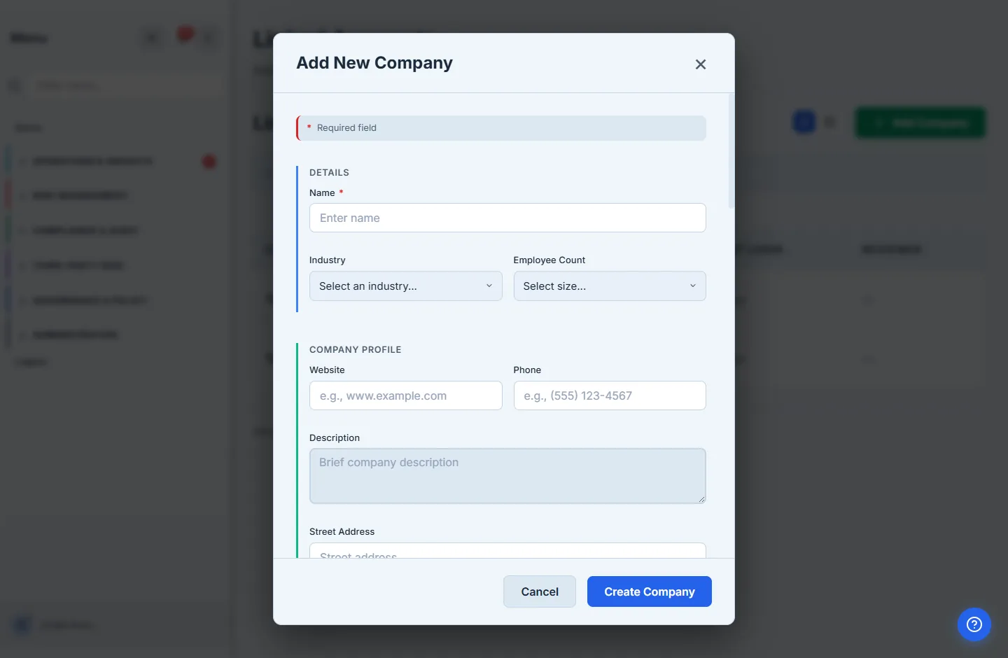 The "Add New Company" modal — a Details section (Name required, Industry, Employee Count) and a Company Profile section (Website, Phone, Description, Street Address), with Cancel and "Create Company" actions.