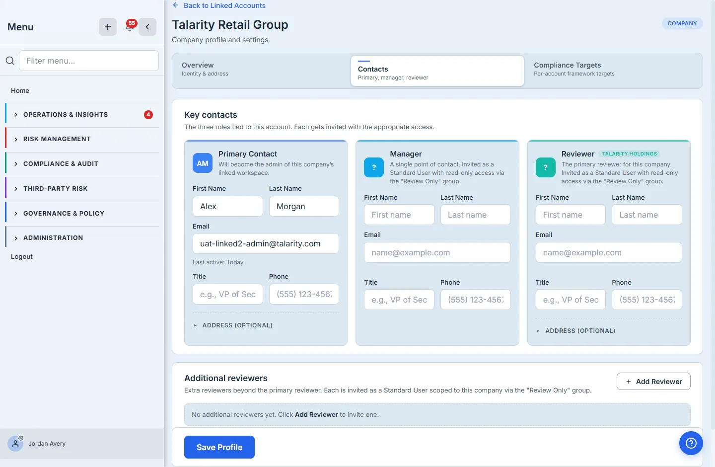The linked-account Contacts tab for Talarity Retail Group — three role cards (Primary Contact "Alex Morgan", last active Today, who becomes the admin of this company's linked workspace; Manager; and Reviewer tied to Talarity Holdings), each explaining the access it's invited with, plus an "Additional reviewers" section.