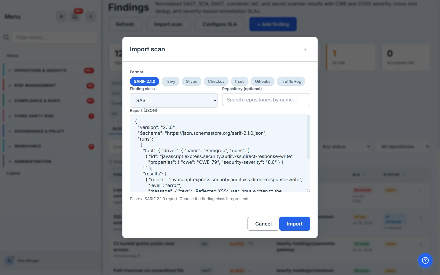 The Import scan modal: a format picker for SARIF and six native scanners, a repository picker, and a paste area with a SARIF report.