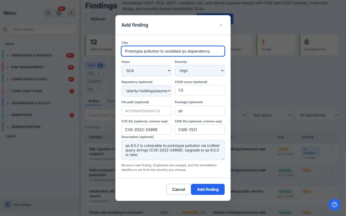 The Add finding modal: title, class, severity, a repository name picker, CVSS, package, and CVE/CWE identifier fields.