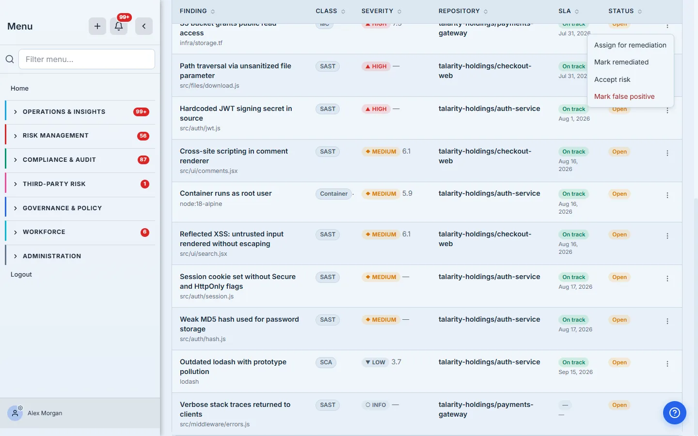 The findings table with a row's triage menu open: assign for remediation, mark remediated, accept risk, or mark false positive.