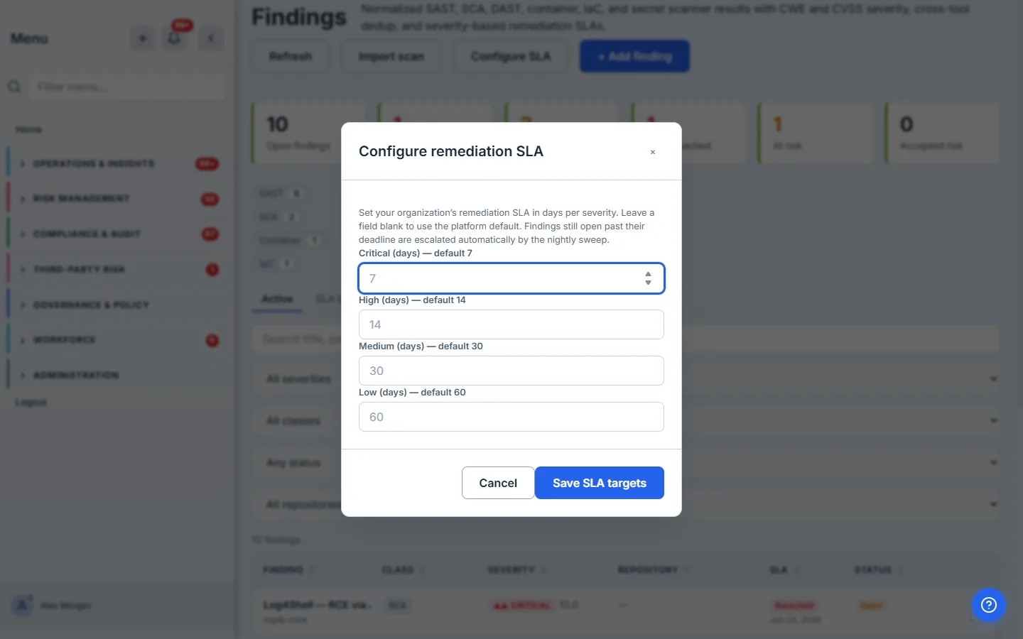 The Configure remediation SLA modal: per-severity remediation windows in days, with a note that overdue findings are escalated by the nightly sweep.