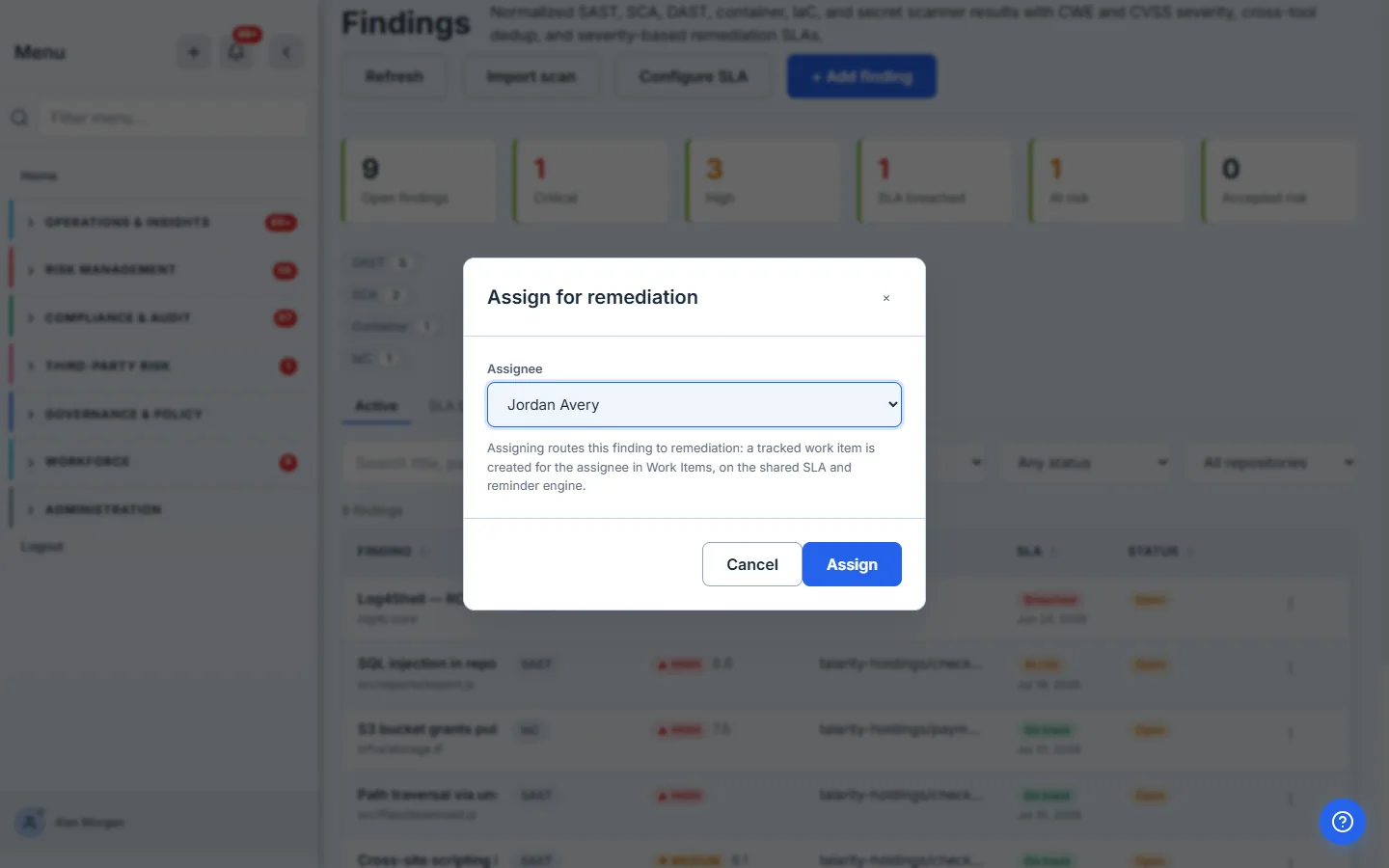 The Assign for remediation modal: a team-member picker and a note that assigning creates a tracked work item on the shared SLA and reminder engine.