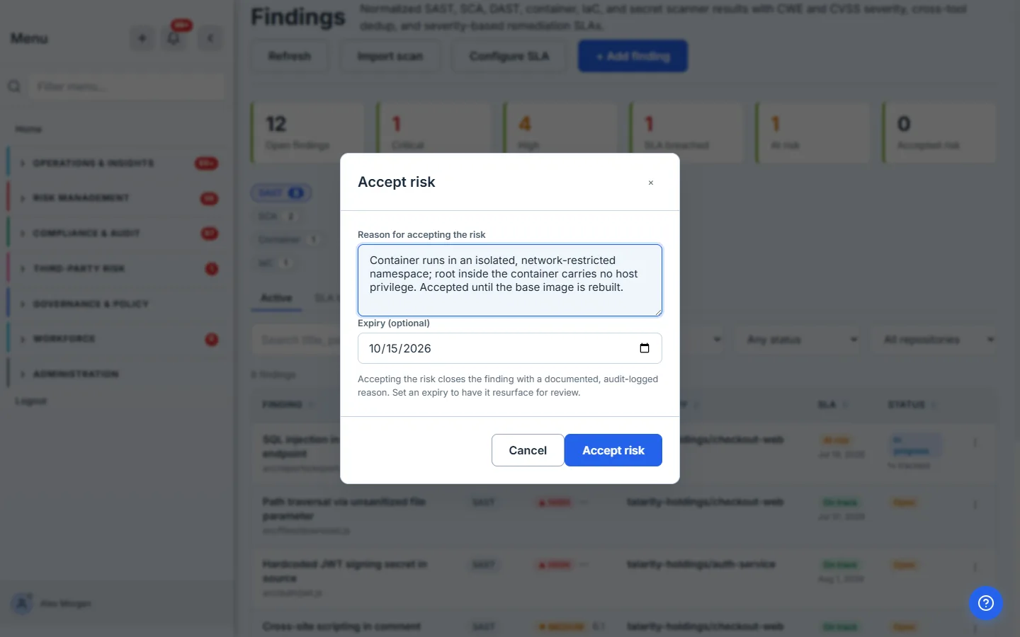 The Accept risk modal: a required documented reason and an optional expiry date.