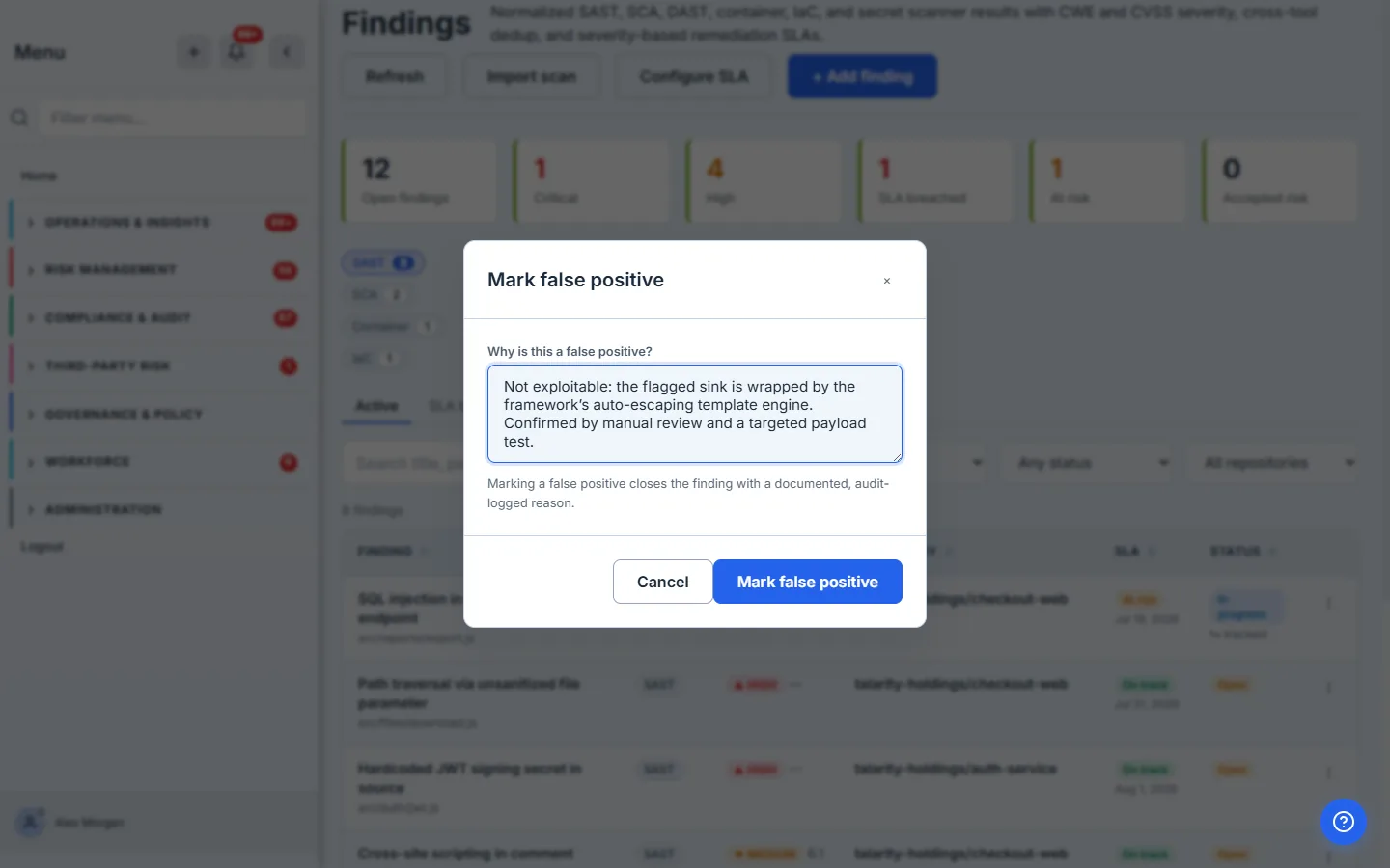 The Mark false positive modal: a required reason that closes the finding with an audit-logged justification.
