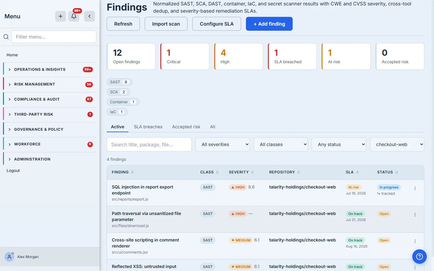 The register filtered to a single repository, narrowing the list to that service's findings.