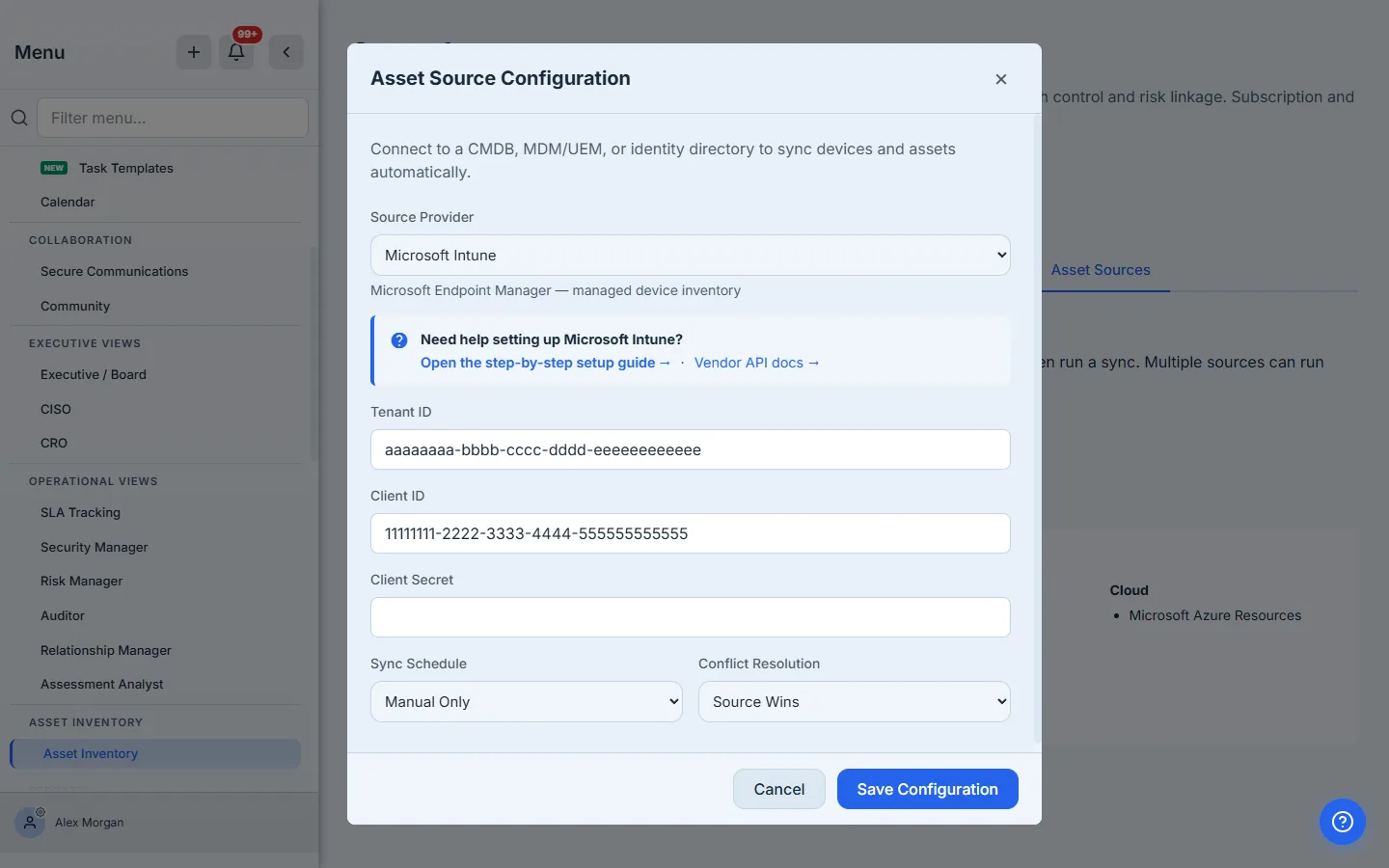 The Asset Source Configuration modal with Microsoft Intune selected — a "Need help setting up" link to this guide, the Tenant ID / Client ID / Client Secret fields, and Sync Schedule set to Manual Only with Conflict Resolution on Source Wins.