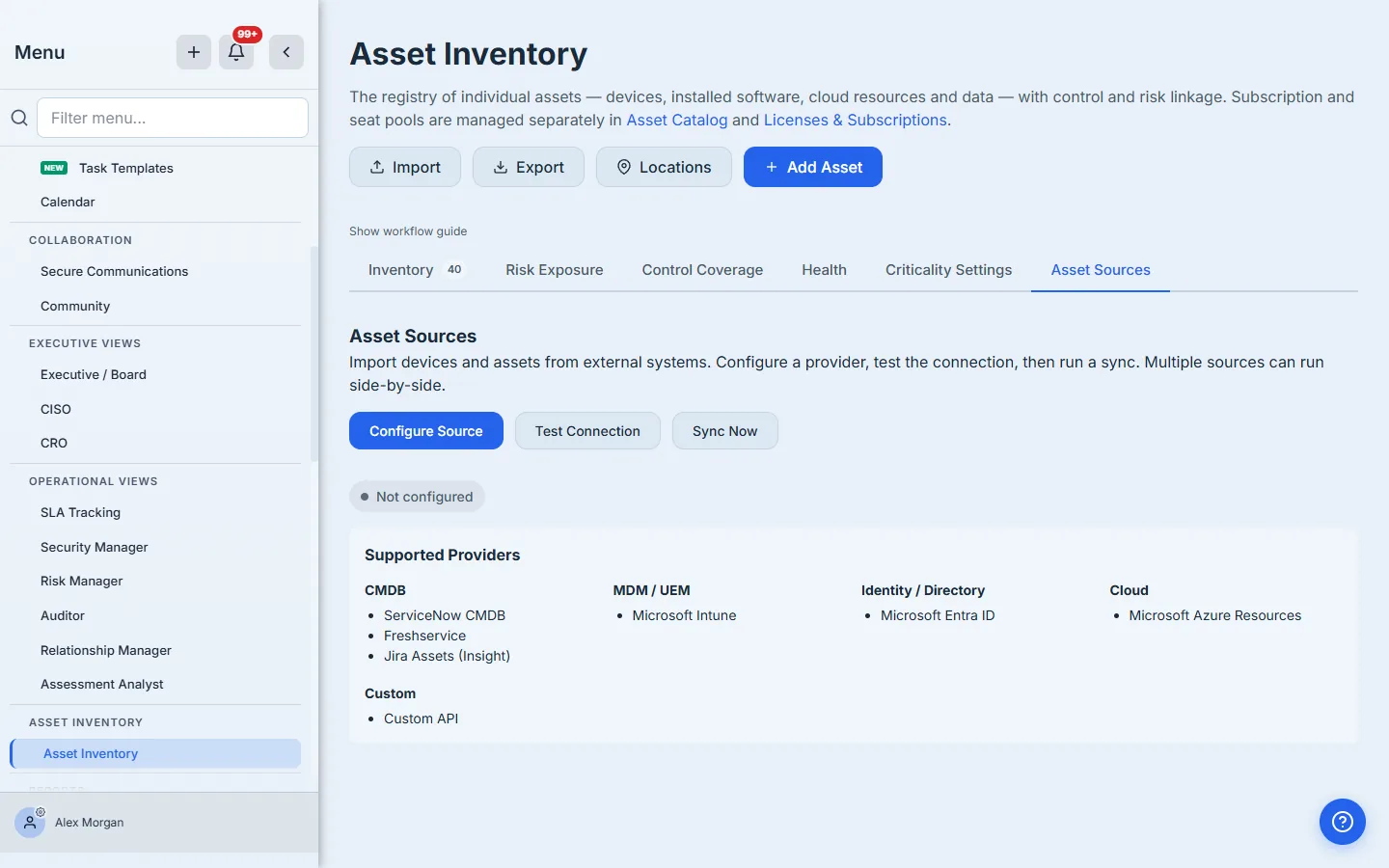 The Asset Sources tab — Configure Source / Test Connection / Sync Now, a "Not configured" status pill, and a Supported Providers panel grouping the connectors by category: CMDB (ServiceNow, Freshservice, Jira Assets), MDM / UEM (Microsoft Intune), Identity / Directory (Microsoft Entra ID), Cloud (Microsoft Azure Resources), and Custom (Custom API).