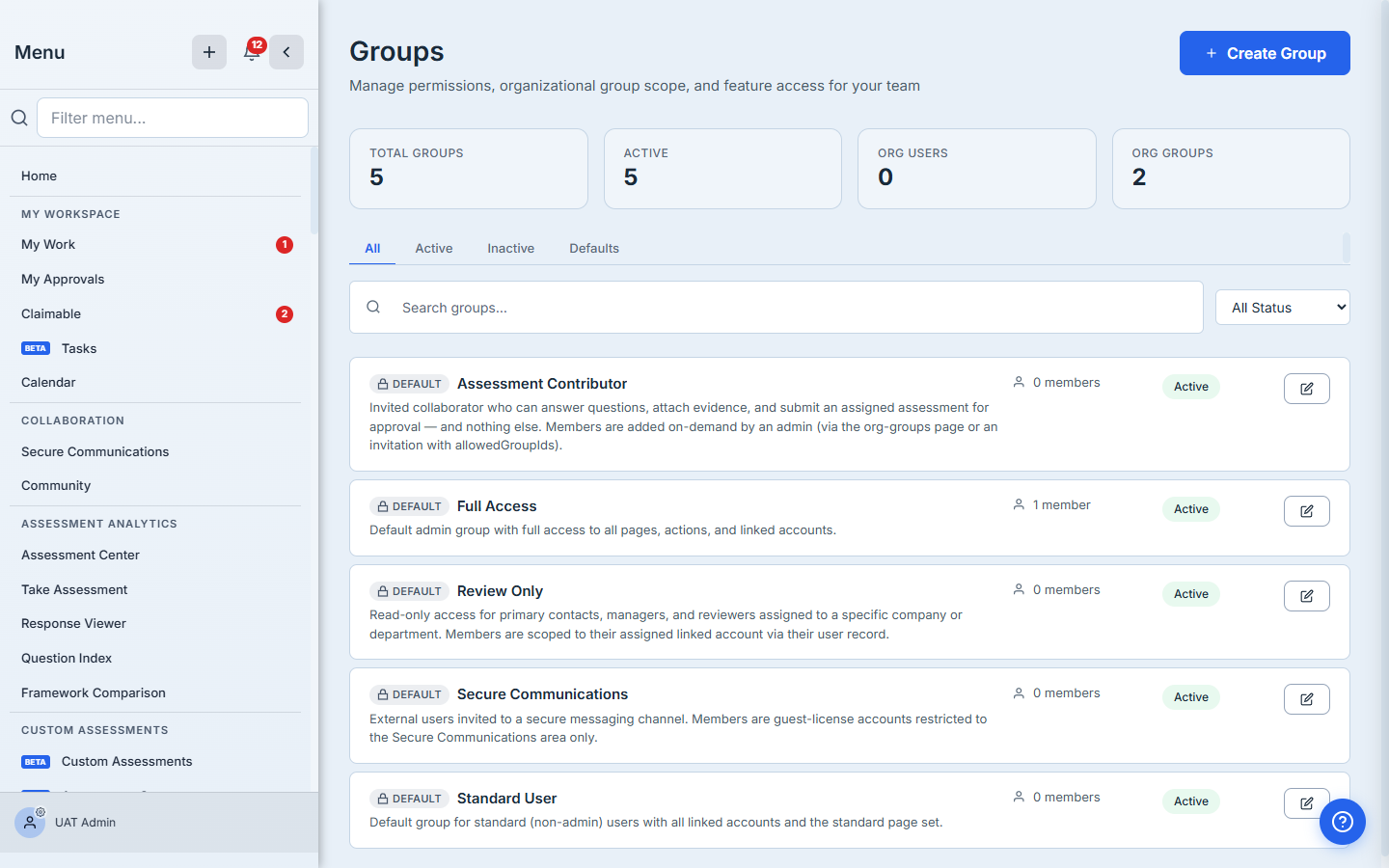 Groups admin page (/app/groups) — the place where an org admin grants Asset Inventory access to a custom group. Default groups (Full Access, Standard User, Review Only, Secure Communications, Assessment Contributor) come pre-configured.