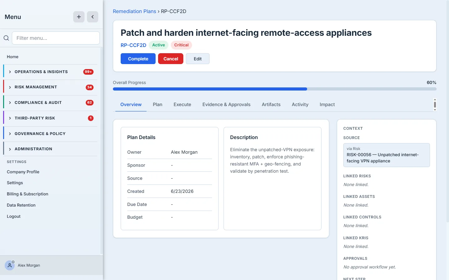 The remediation plan detail — RP-CCF2D "Patch and harden internet-facing remote-access appliances", Active / Critical, 60% overall progress, with its source traced to RISK-00056.