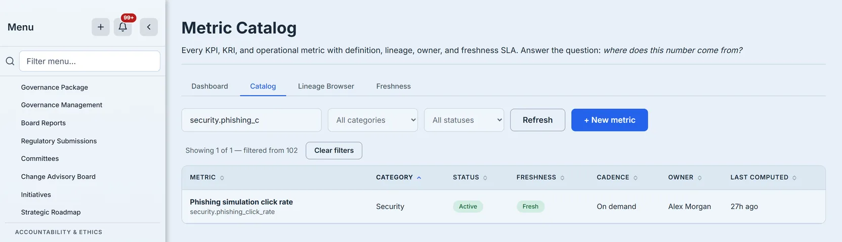Searching the catalog for a code fragment narrows it to the one matching metric