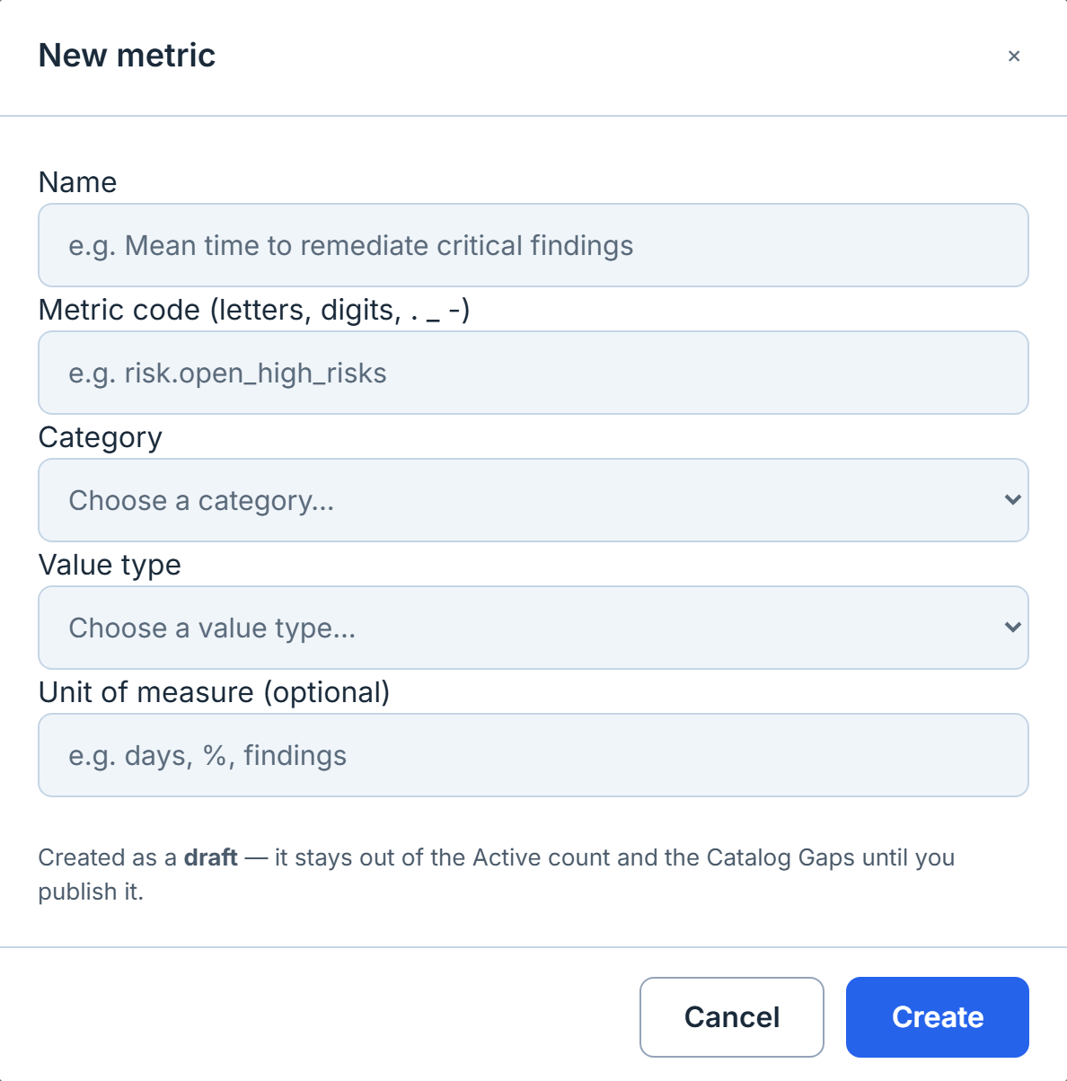 The New metric form: name, code, category, value type and unit