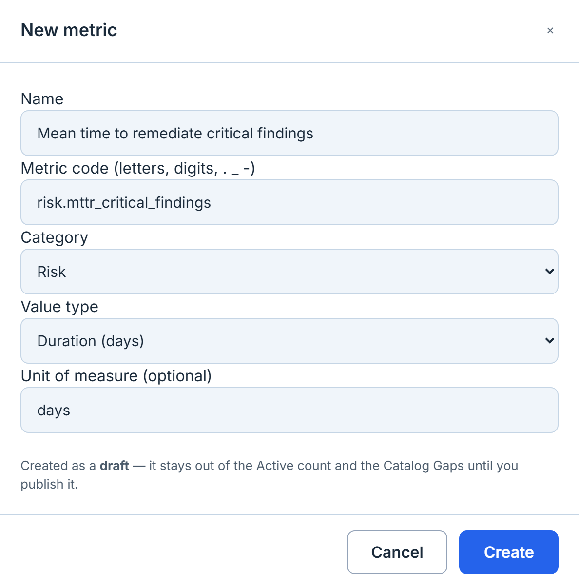 The same form filled in for a mean-time-to-remediate metric