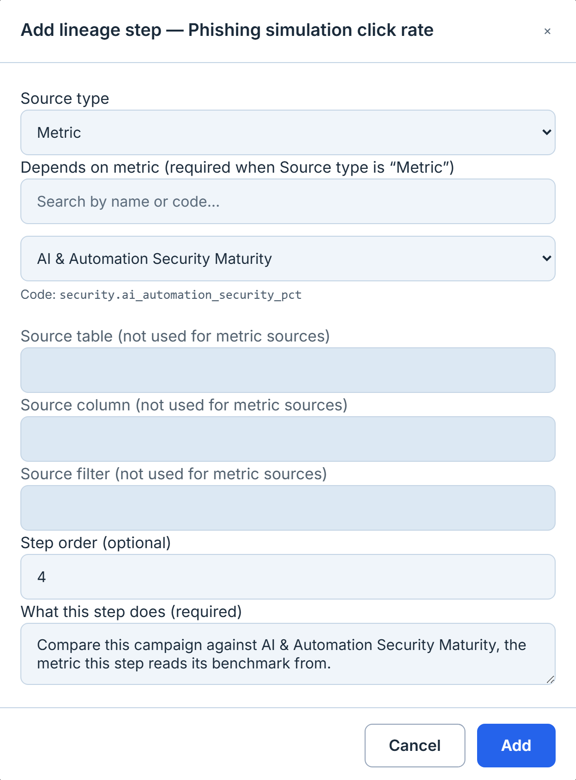 The Add lineage step form, with source type, dependency, source table and column, order and description