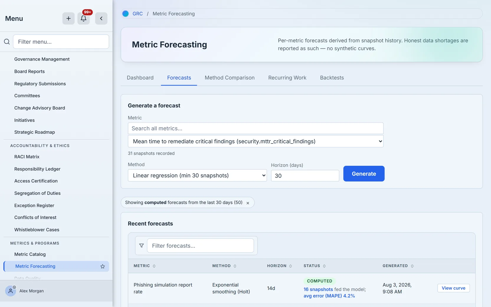 Drilling a dashboard figure lands on the Forecasts tab with a chip naming the filter and count — the same rows, the same window, server-side.