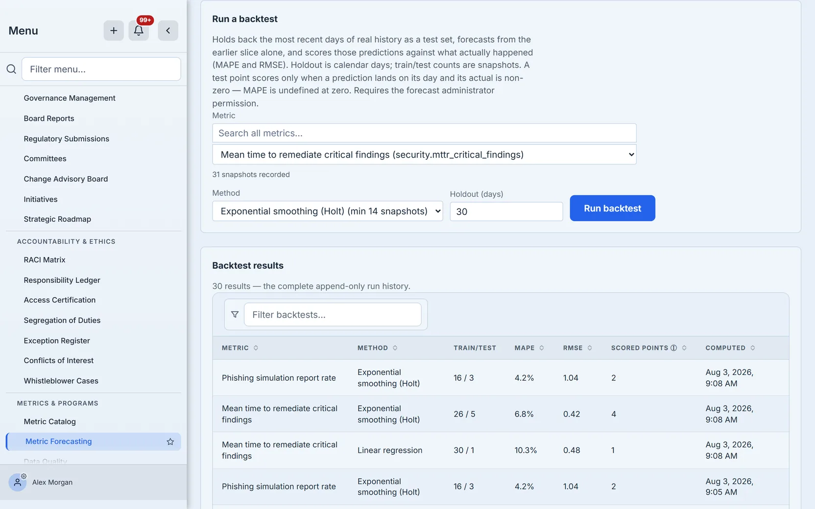 The Run backtest form: metric, method, and the holdout window that becomes the test set.