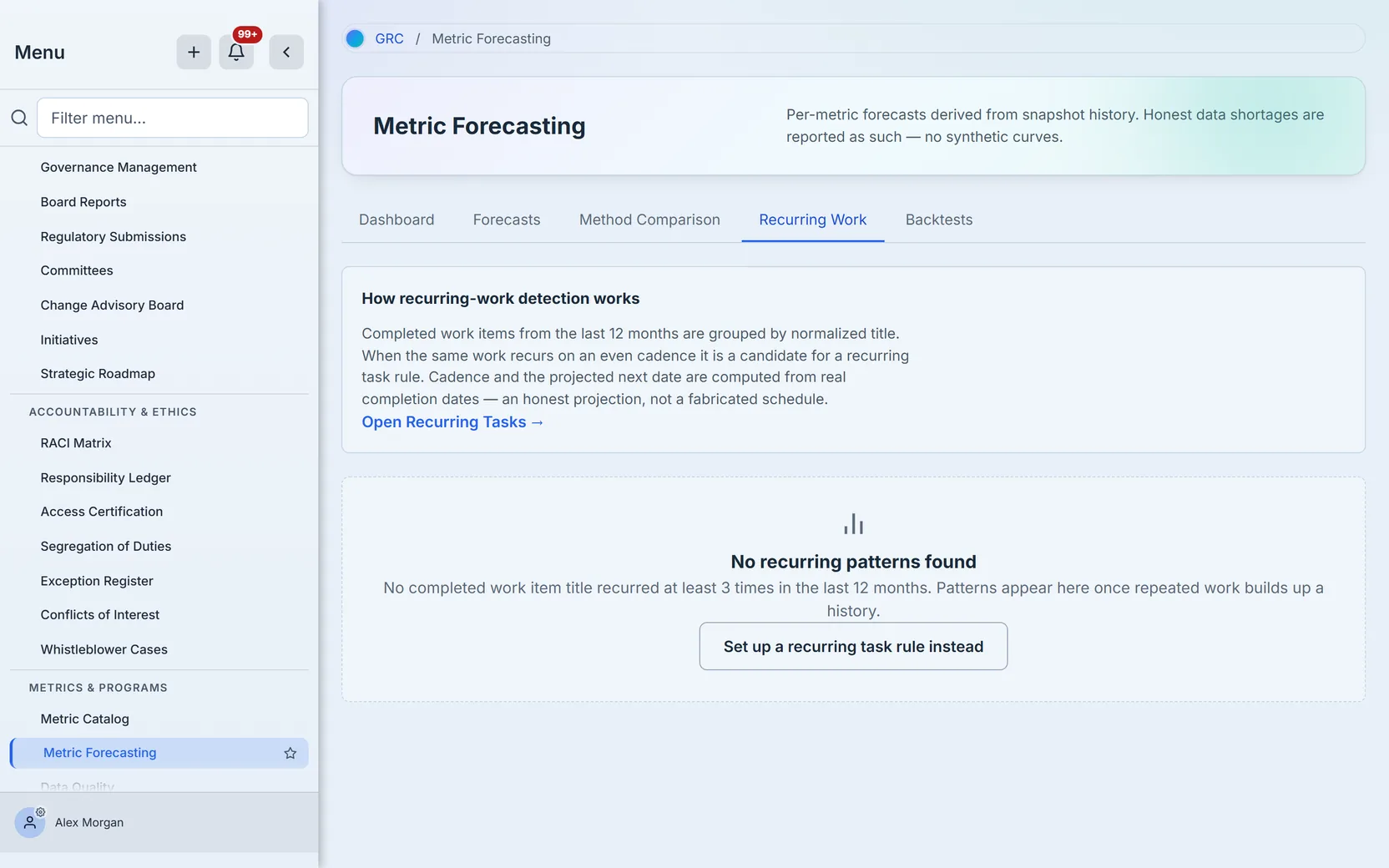The Recurring Work tab, which surfaces completed work items that genuinely recur — same-day bulk batches don't count as a cadence.