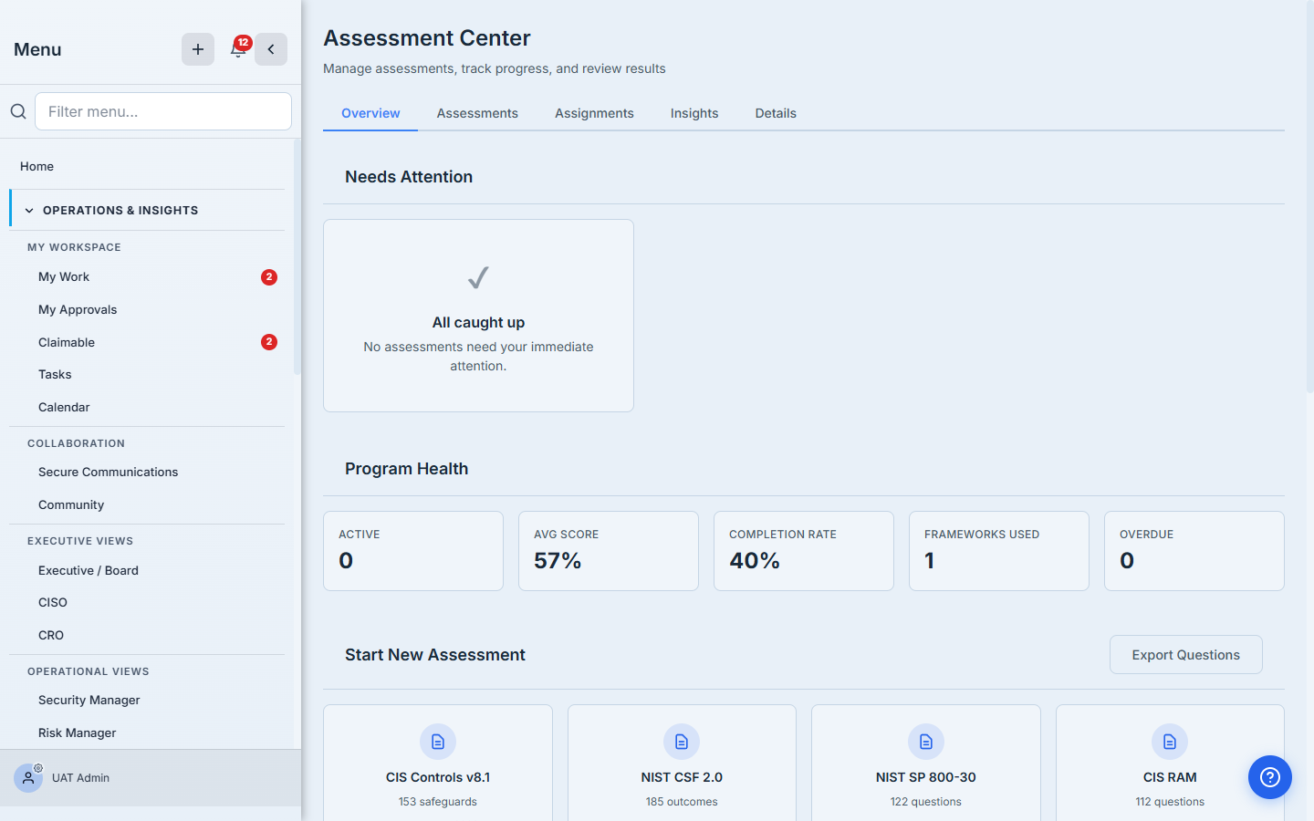 Assessment Center overview — recent activity, program health, needs-attention cards.