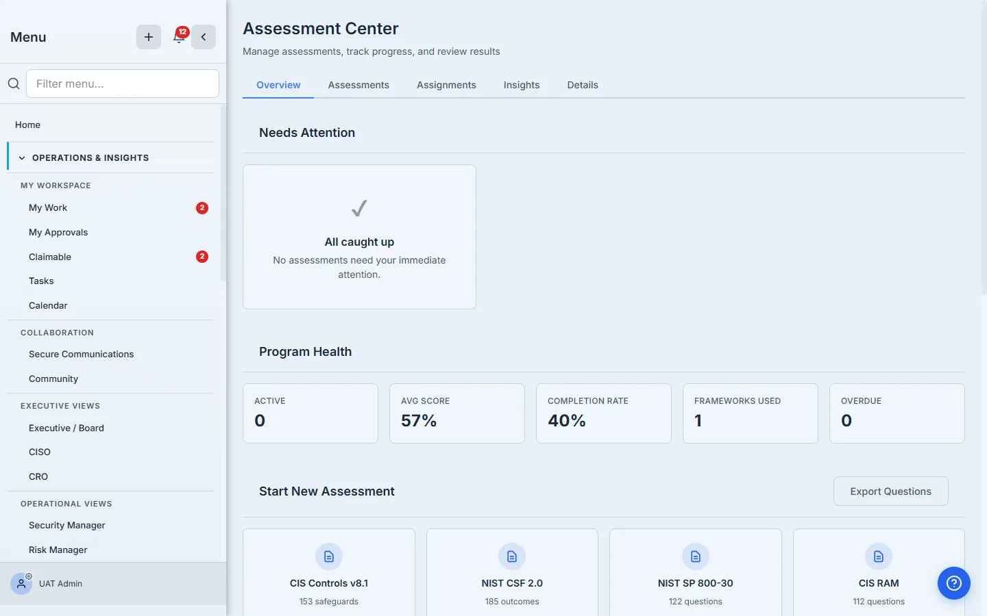 Assessment Center overview — recent activity, program health, needs-attention cards.