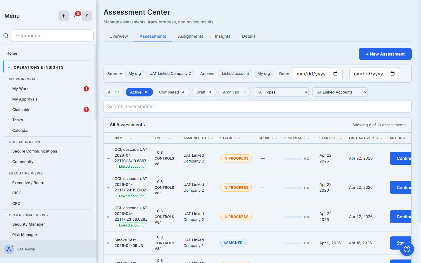 Assessments tab — in-progress runs sorted by framework + linked account. Either Start Assessment or Continue opens the canonical shared run.
