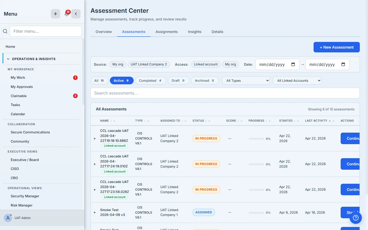 Assessments tab — in-progress runs sorted by framework + linked account. Either Start Assessment or Continue opens the canonical shared run.
