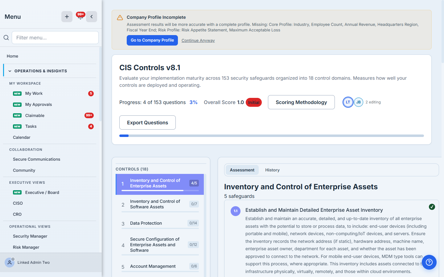 Presence bar in the runner header — two editors active on the same CIS run. The chips next to "Scoring Methodology" carry each editor's initials in their assigned color family; the "2 editing" badge confirms the live peer count.
