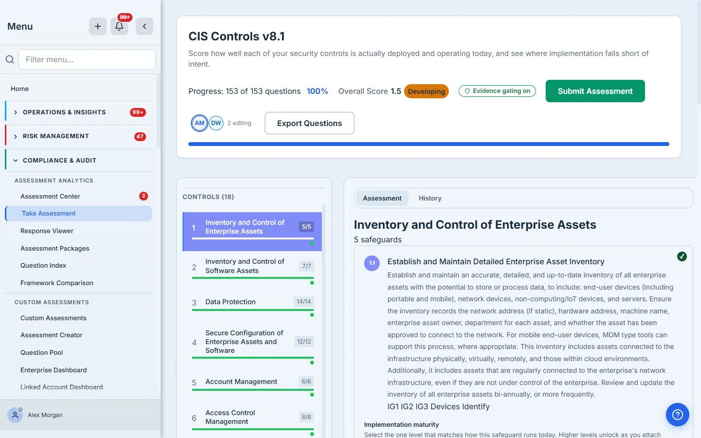 Presence bar in the CIS runner header — two editors active on the same run. Two circular initial chips (AM, outlined because it's you; DW, a peer) sit side by side with a "2 editing" badge confirming the live peer count. On the row above, the shield-badged "Evidence gating on" pill describes the run's evidence policy — not a person.