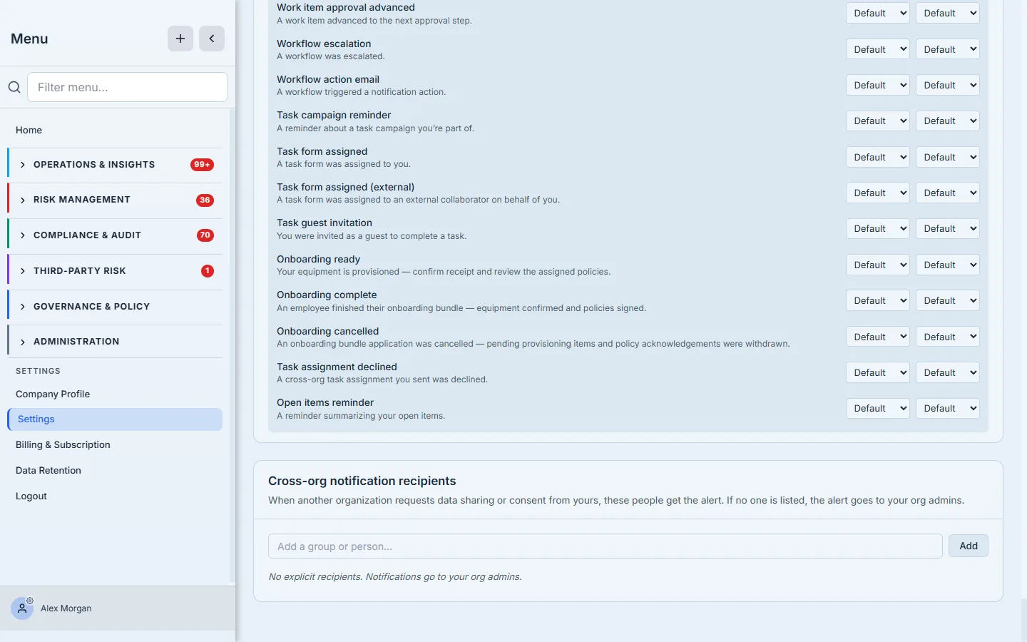 The cross-org notification recipients section — an add-a-person-or-group field with the self-explanatory empty state "No explicit recipients. Notifications go to your org admins."