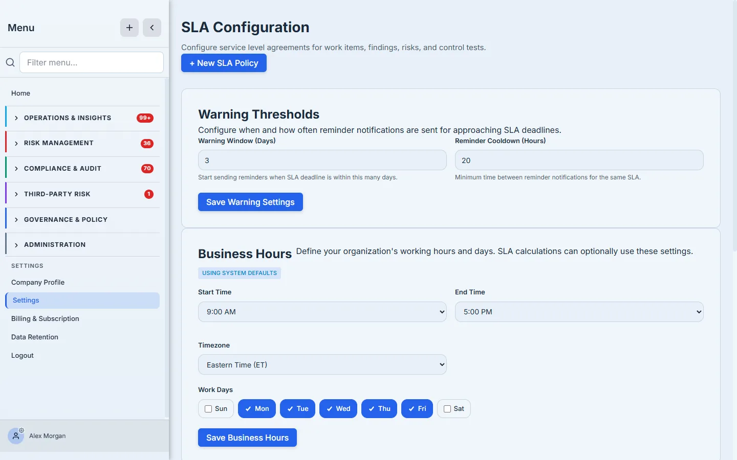 The SLA Configuration page — Warning Thresholds (Warning Window in days, Reminder Cooldown in hours) and Business Hours (start/end time, timezone, and a Mon–Fri work-day selector with "Using system defaults").