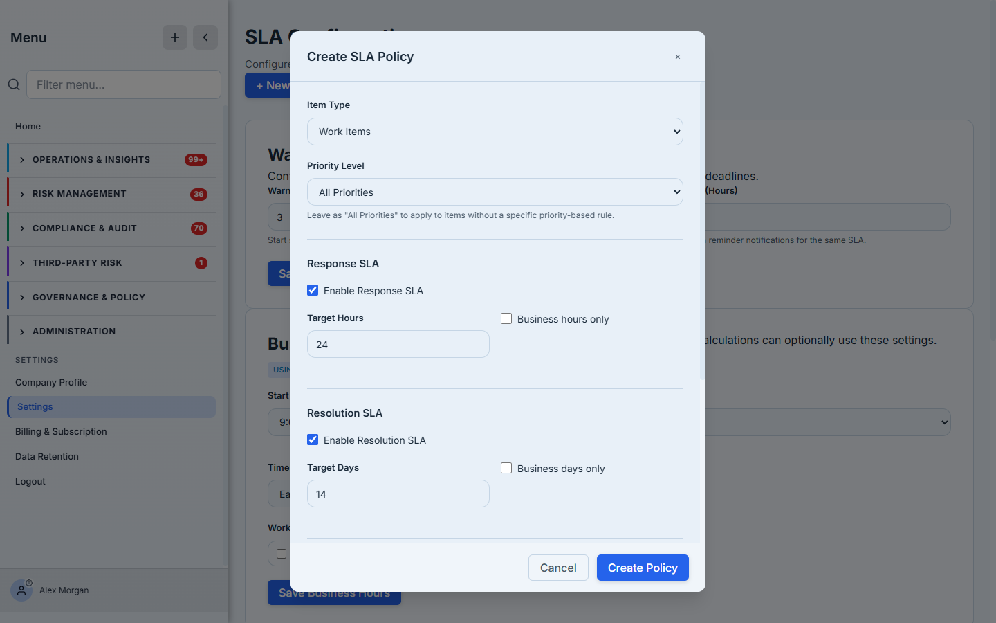 The Create SLA Policy modal — Item Type and Priority Level selectors, a Response SLA (target hours, business-hours-only) and a Resolution SLA (target days, business-days-only), each independently enabled.
