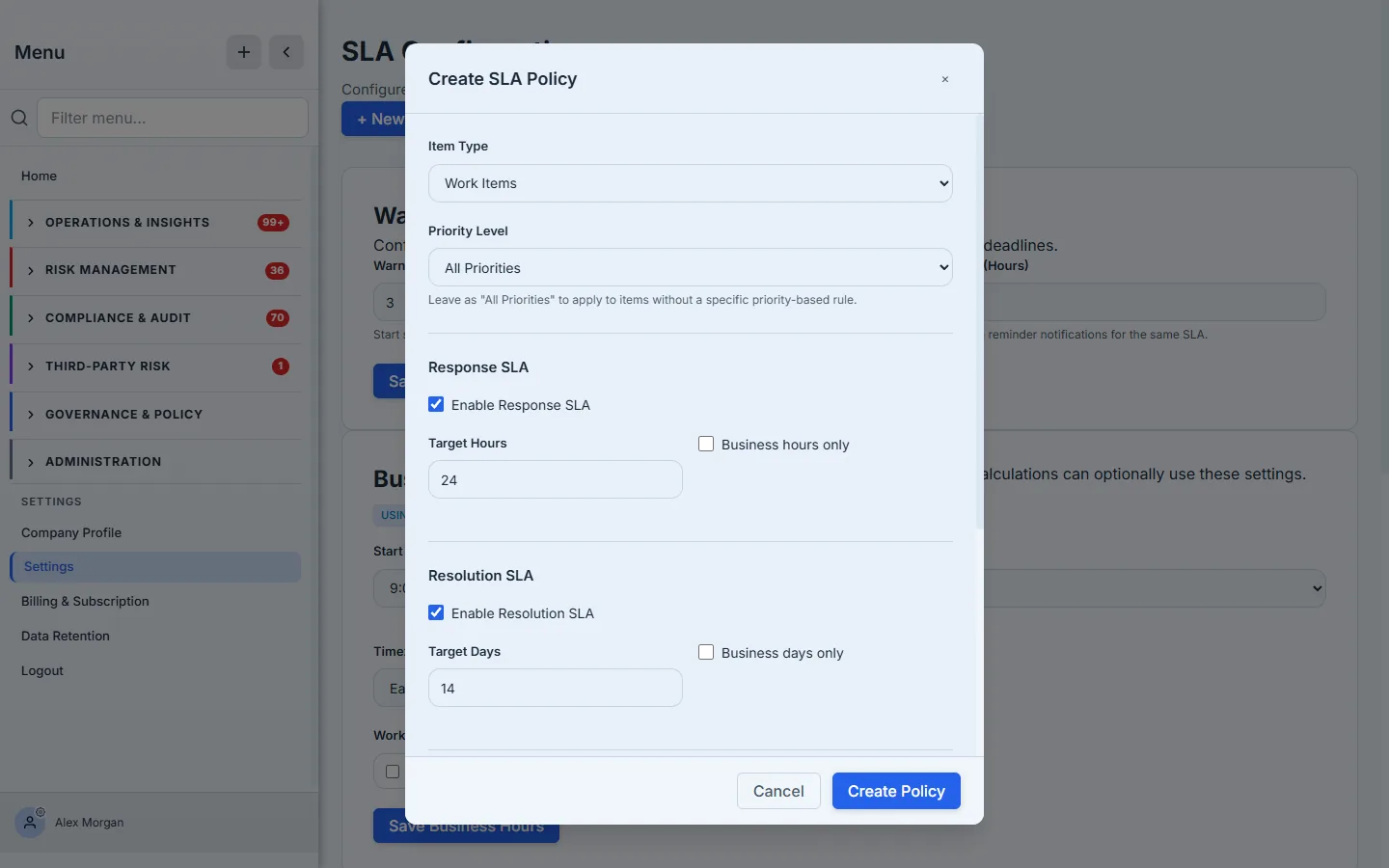 The Create SLA Policy modal — Item Type and Priority Level selectors, a Response SLA (target hours, business-hours-only) and a Resolution SLA (target days, business-days-only), each independently enabled.