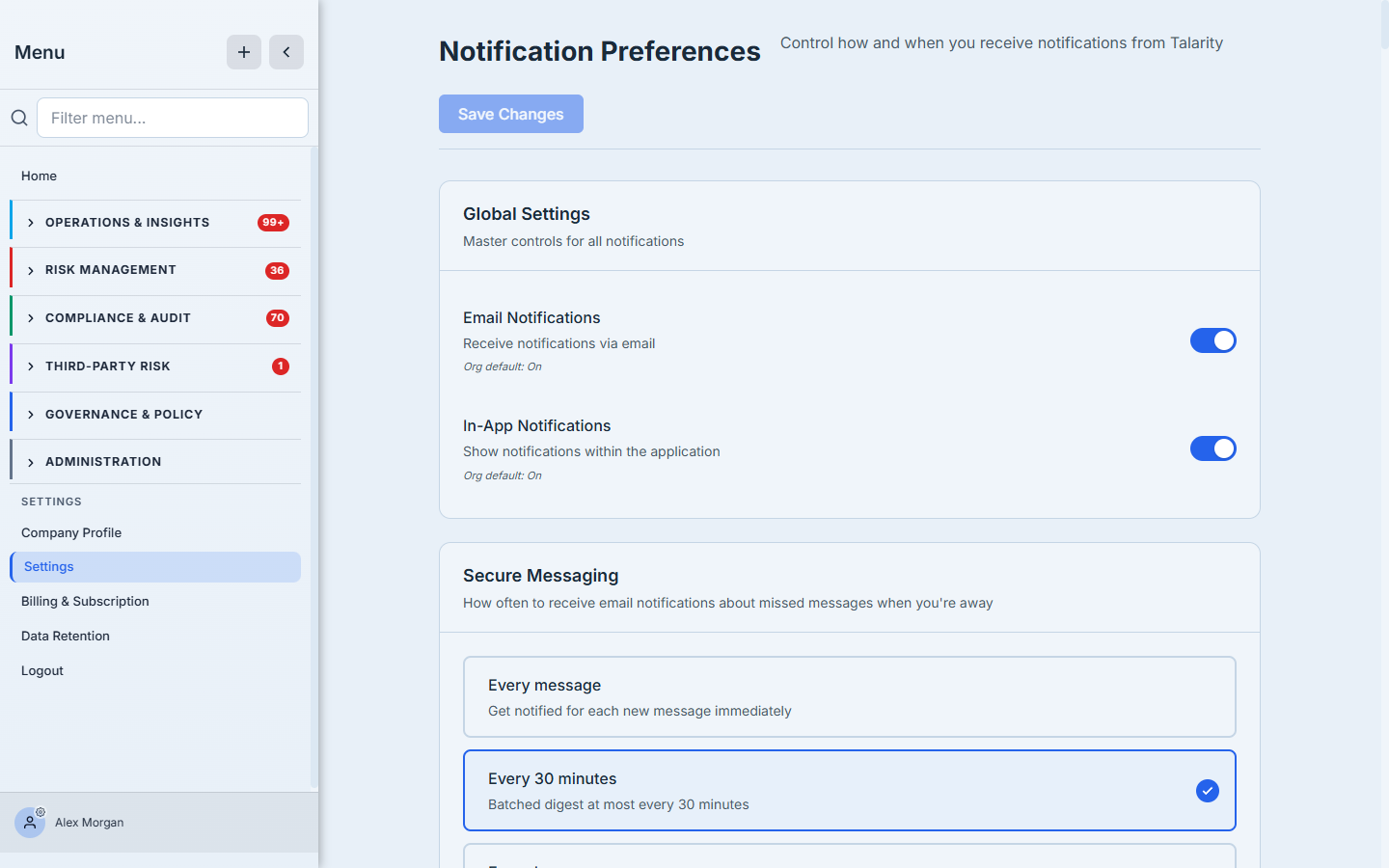 The user Notification Preferences page — Global Settings with Email and In-app toggles, each annotated "Org default: On", above the secure-messaging frequency choice.