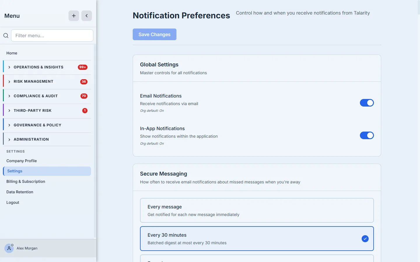 The user Notification Preferences page — Global Settings with Email and In-app toggles, each annotated "Org default: On", above the secure-messaging frequency choice.