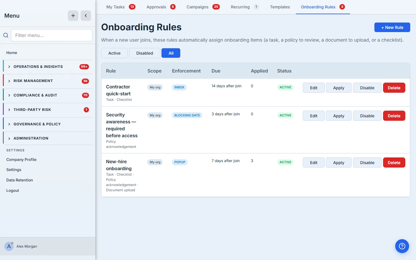 Onboarding Rules tab — three standing rules, each showing what it assigns, scope, enforcement (Inbox / Blocking gate / Popup), due window, and status.