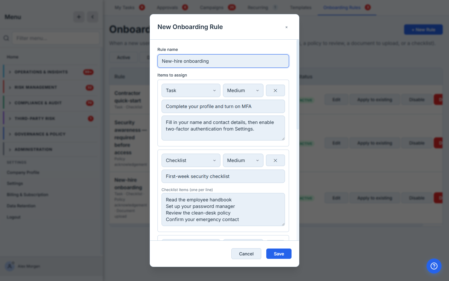 New Onboarding Rule — the item builder, mixing a Task with a description and a multi-line Checklist. Each item carries its own priority.