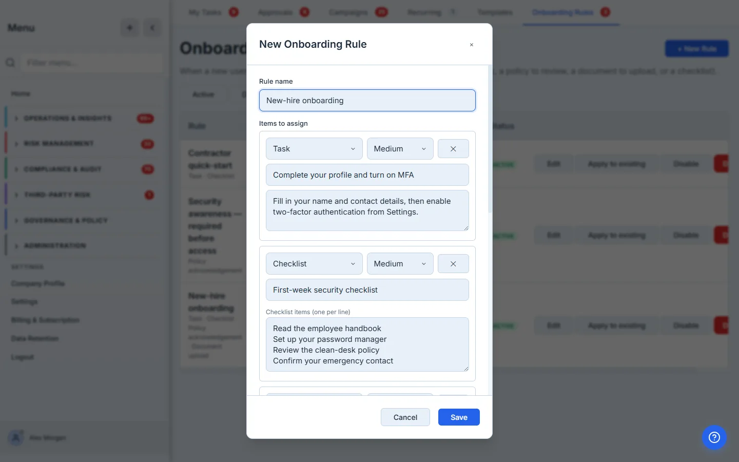 New Onboarding Rule — the item builder, mixing a Task with a description and a multi-line Checklist. Each item carries its own priority.
