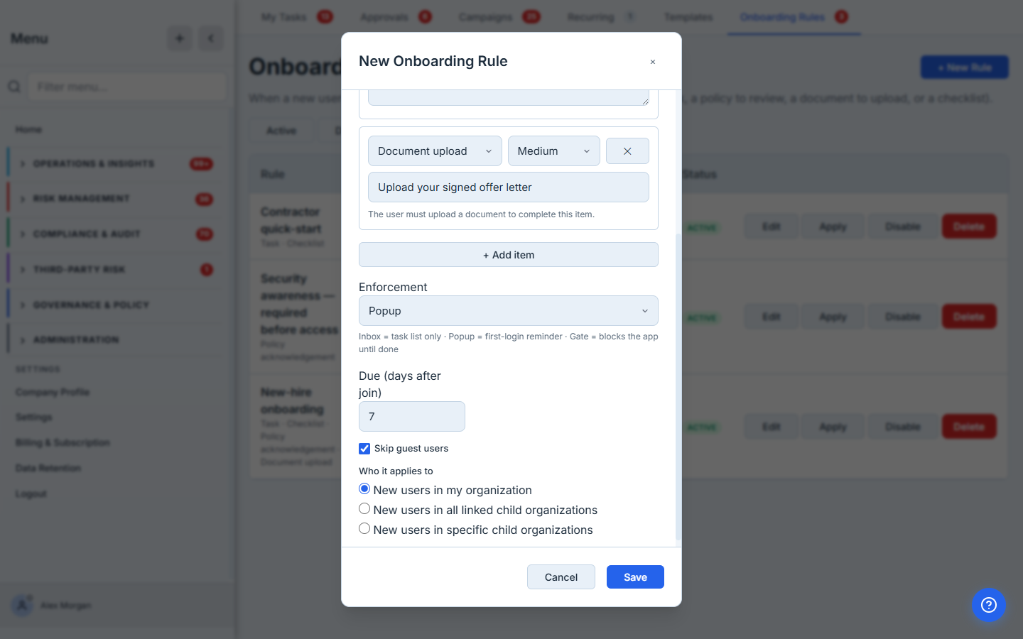 Enforcement, due offset, skip-guests, and scope — the Document upload item, the three enforcement modes, a 7-day due window, and the "Who it applies to" options.