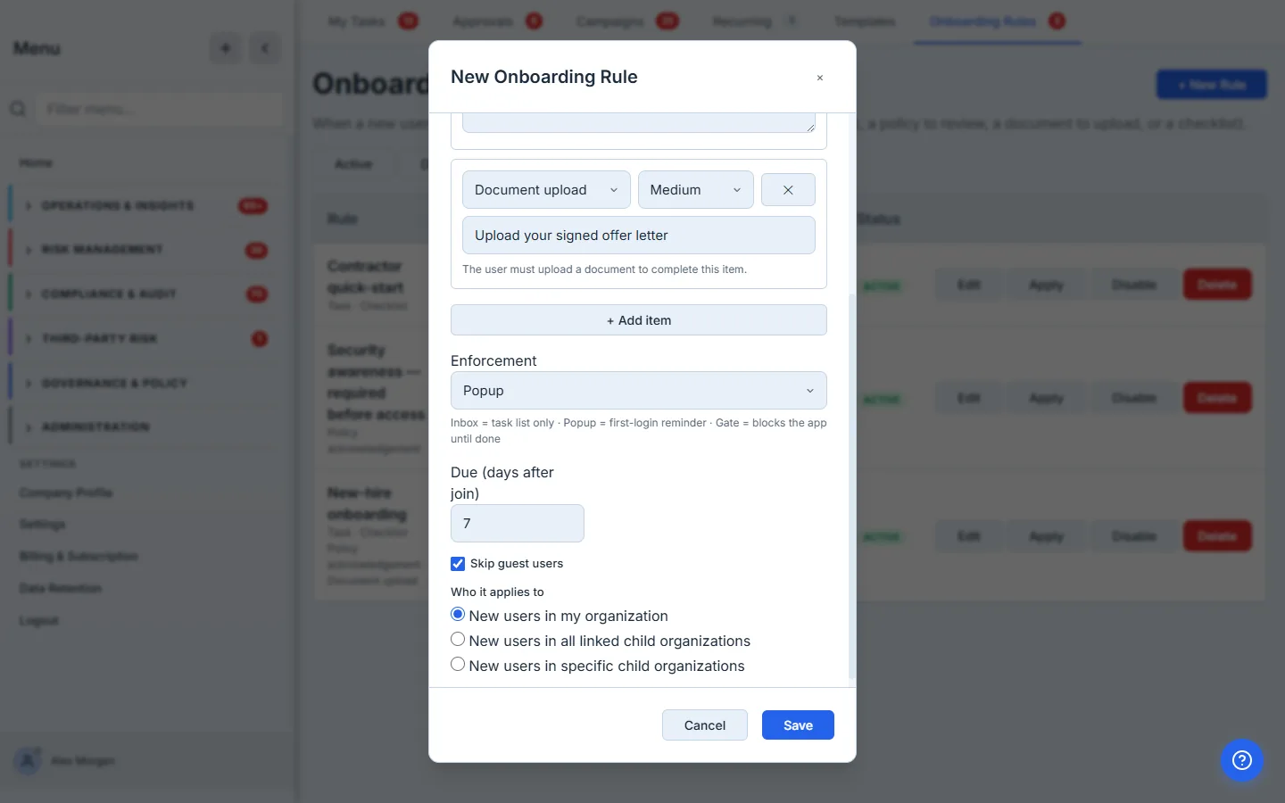 Enforcement, due offset, skip-guests, and scope — the Document upload item, the three enforcement modes, a 7-day due window, and the "Who it applies to" options.