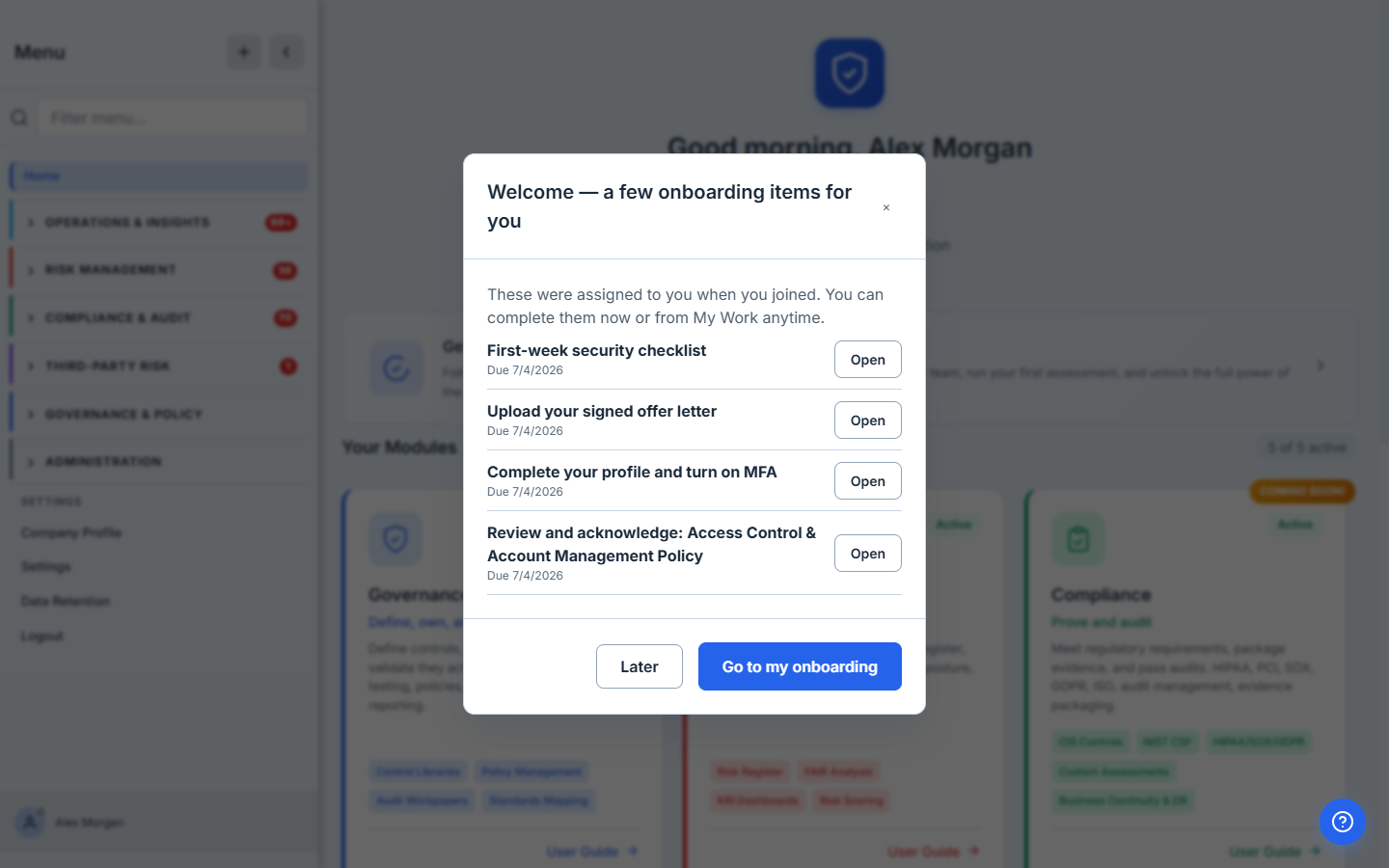First-login popup over the dashboard — a welcome surface listing the four required onboarding items with their due dates, plus a "Go to my onboarding" button. A blocking-gate rule shows the same list but holds the app until the items are done; admins are exempt.