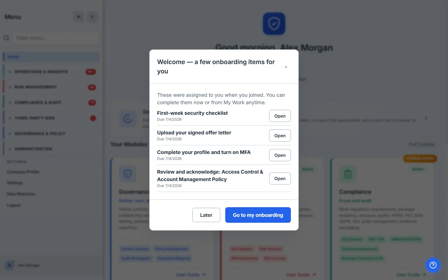 First-login popup over the dashboard — a welcome surface listing the four required onboarding items with their due dates, plus a "Go to my onboarding" button. A blocking-gate rule shows the same list but holds the app until the items are done; admins are exempt.