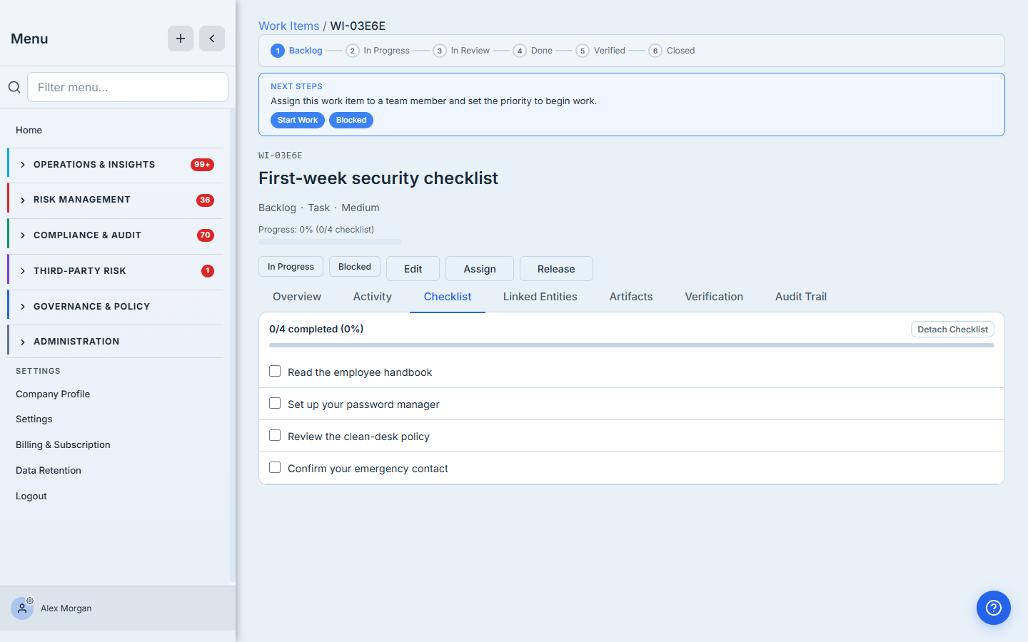 Completing an onboarding item — the work-item detail with its Checklist tab, four items to tick off and a progress bar, the same surface the rest of the program uses.