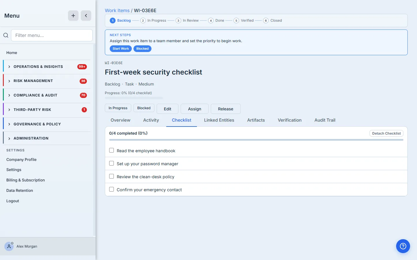 Completing an onboarding item — the work-item detail with its Checklist tab, four items to tick off and a progress bar, the same surface the rest of the program uses.