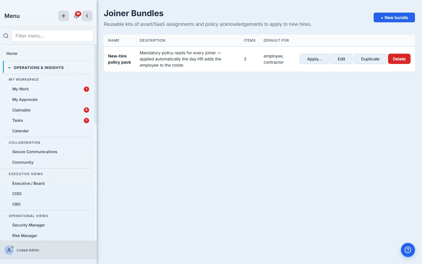 Joiner Bundles page — one row showing "New-hire policy pack", description "Mandatory policy reads for every joiner — applied automatically the day HR adds the employee to the roster.", 3 items, default for employee + contractor employment types. Apply / Edit / Duplicate / Delete actions on the row.