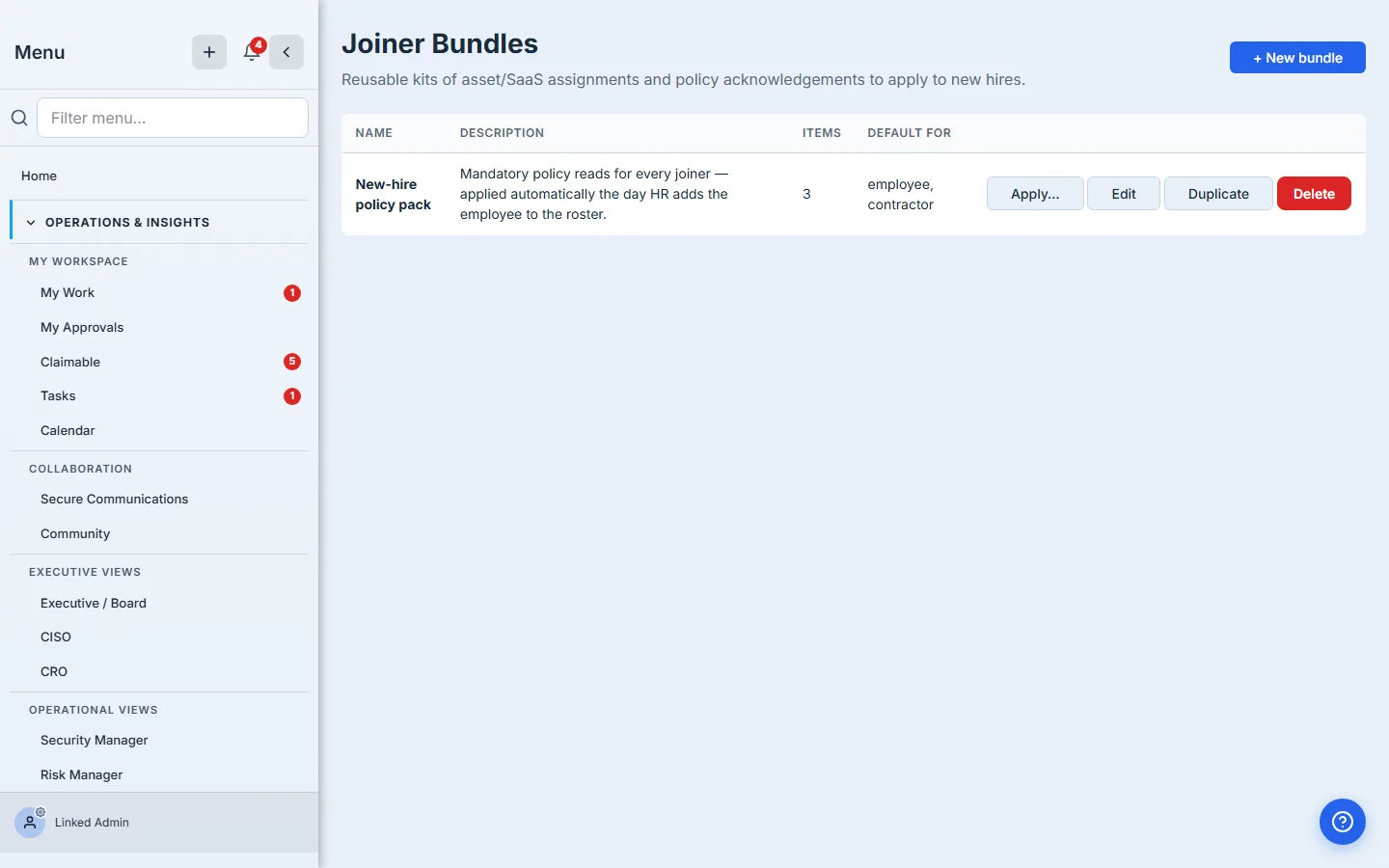 Joiner Bundles list with row actions — Apply…, Edit, Duplicate, Delete — visible to the right of the bundle row. Apply launches the per-employee apply flow.