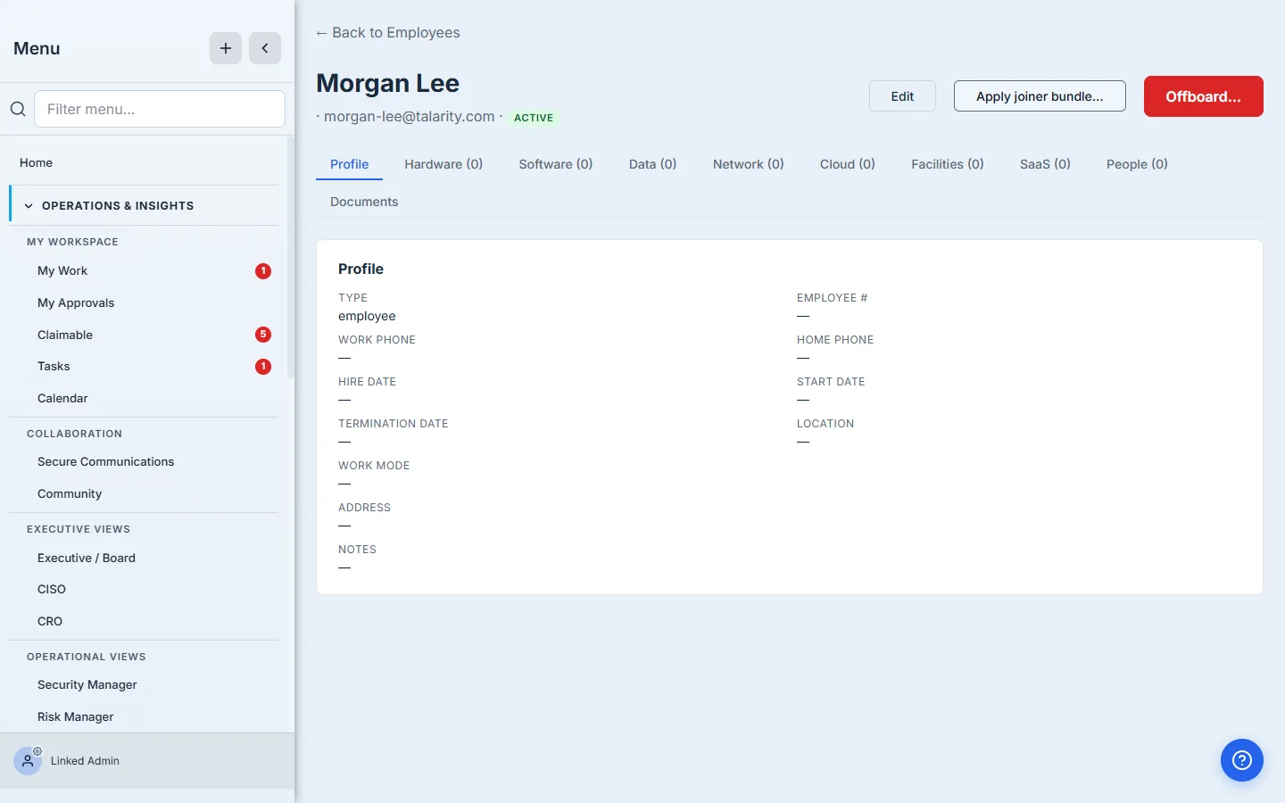Morgan Lee's employee detail page — name + email + ACTIVE status at the top, with Edit + Apply joiner bundle… + Offboard… actions. Tabs for Profile, Hardware, Software, Data, Network, Cloud, Facilities, SaaS, People, Policies, Onboarding, Documents.