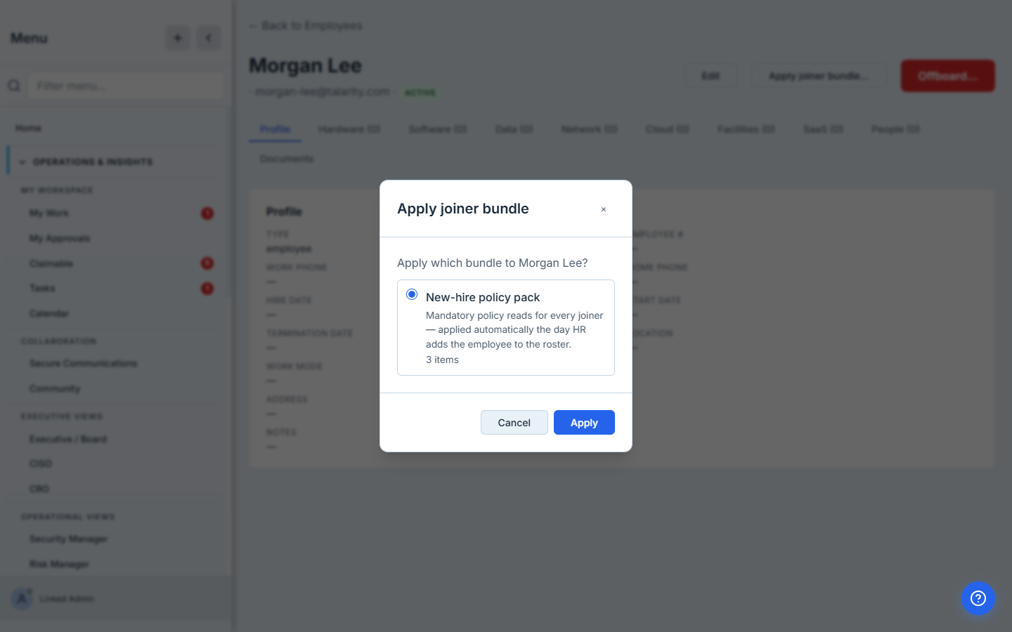 Apply joiner bundle dialog — a radio list of bundles, each showing its item count and default employment types, with Cancel / Apply buttons. The single bundle ("New-hire policy pack — 3 items") is preselected.