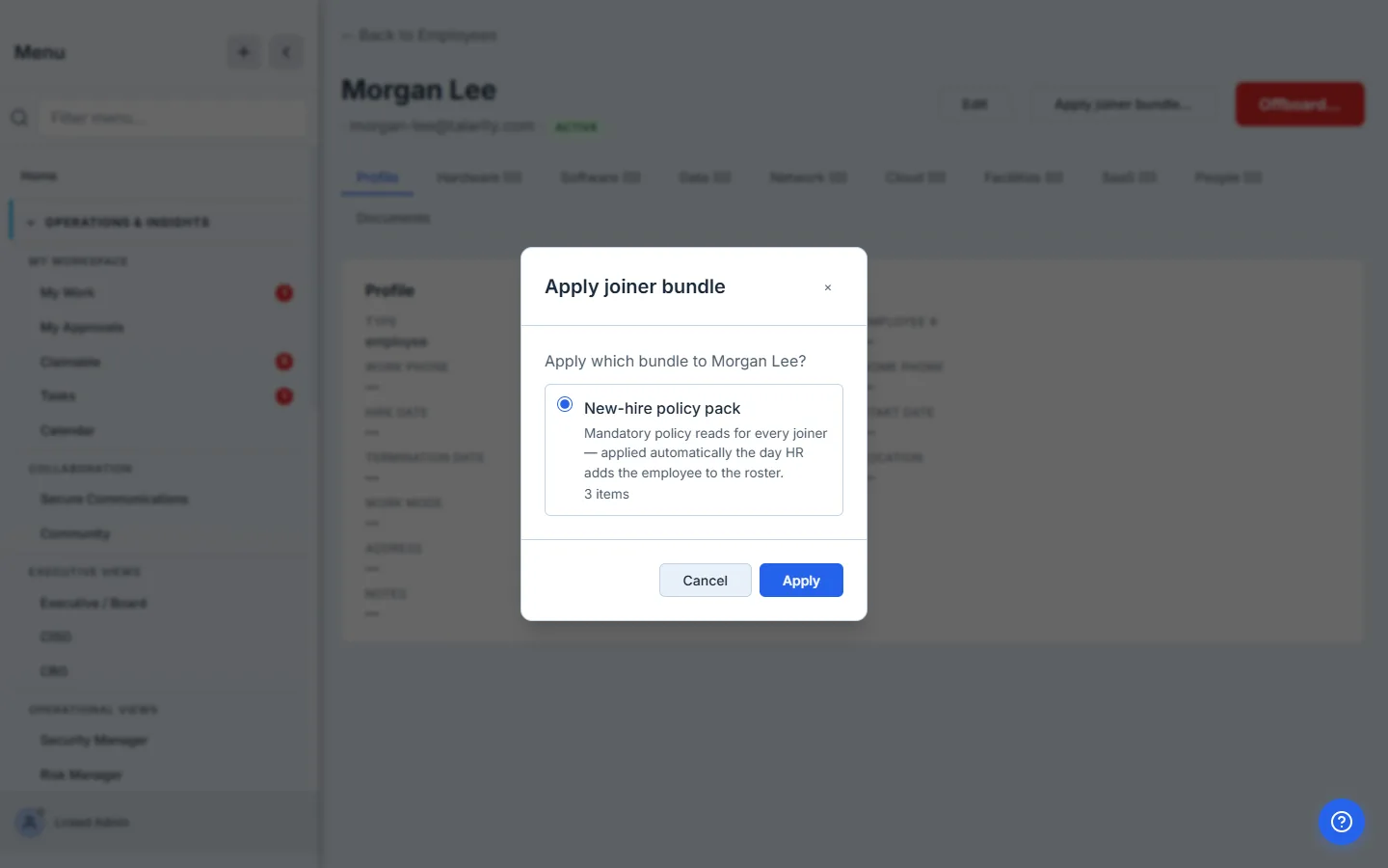 Apply joiner bundle dialog — a radio list of bundles, each showing its item count and default employment types, with Cancel / Apply buttons. The single bundle ("New-hire policy pack — 3 items") is preselected.