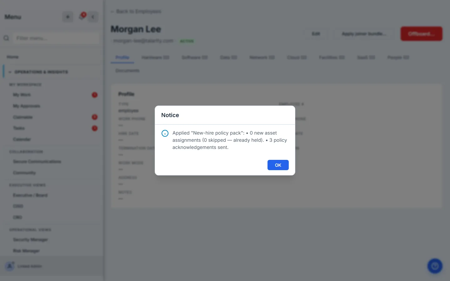 Apply result notice — "Applied 'New-hire policy pack': • 0 new asset assignments (0 skipped — already held). • 3 policy acknowledgements sent." OK button.