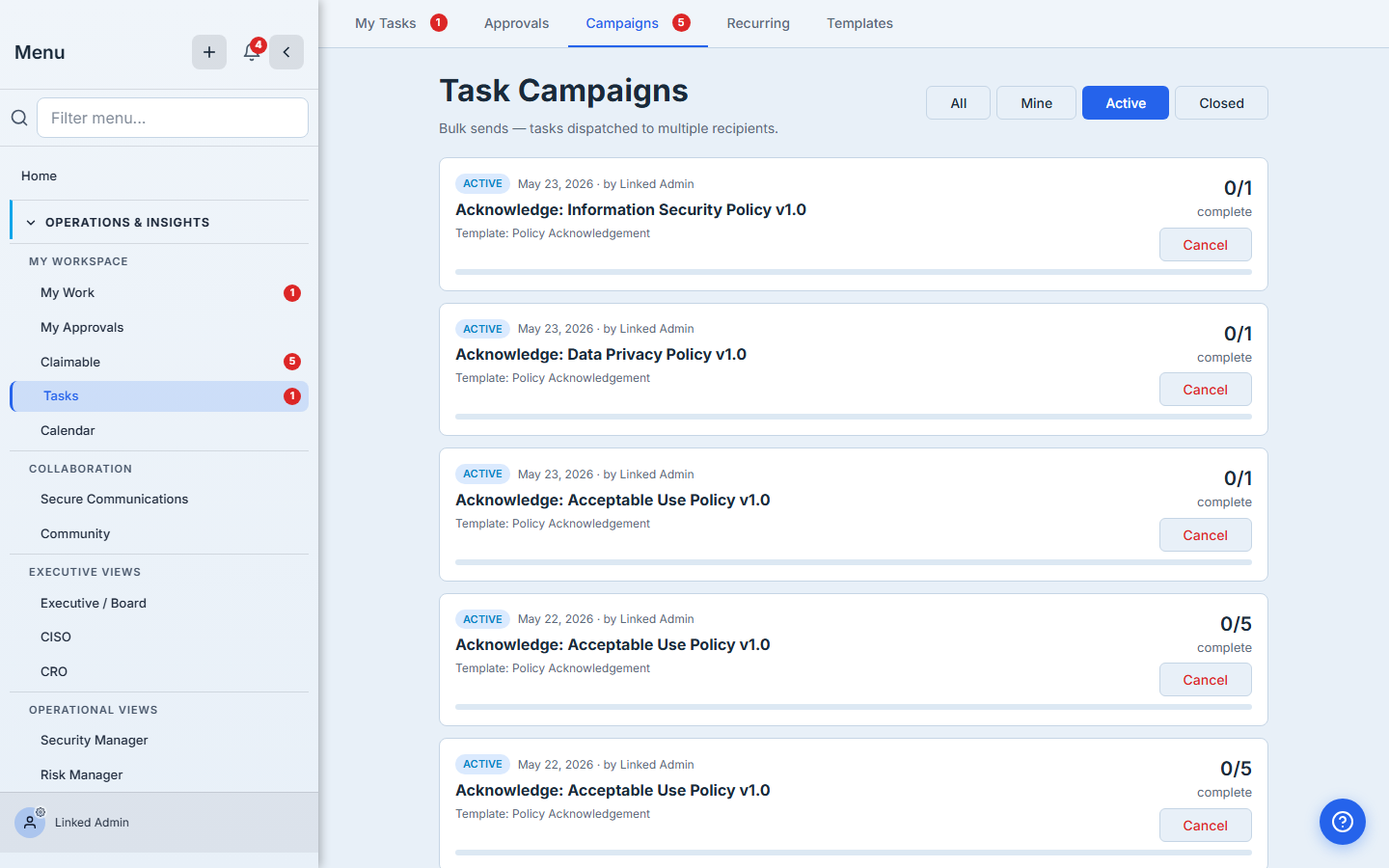 Task Campaigns list immediately after the bundle applies — three fresh "Acknowledge: …" campaigns at the top (Information Security Policy v1.0, Data Privacy Policy v1.0, Acceptable Use Policy v1.0), each showing 0/1 complete with Morgan Lee as the sole recipient. Older campaigns from prior drives remain below.