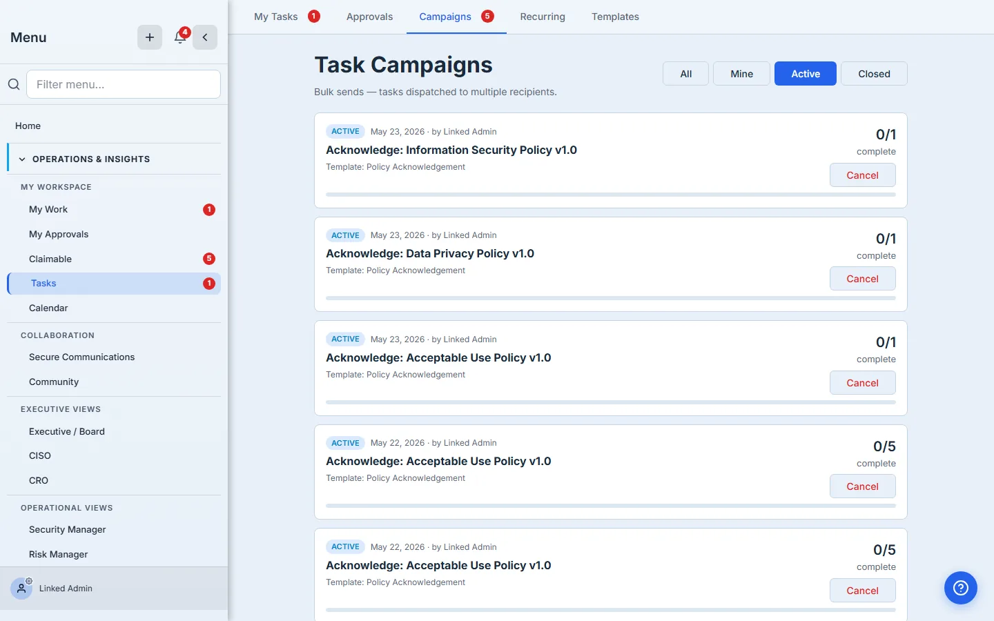 Task Campaigns list immediately after the bundle applies — three fresh "Acknowledge: …" campaigns at the top (Information Security Policy v1.0, Data Privacy Policy v1.0, Acceptable Use Policy v1.0), each showing 0/1 complete with Morgan Lee as the sole recipient. Older campaigns from prior drives remain below.